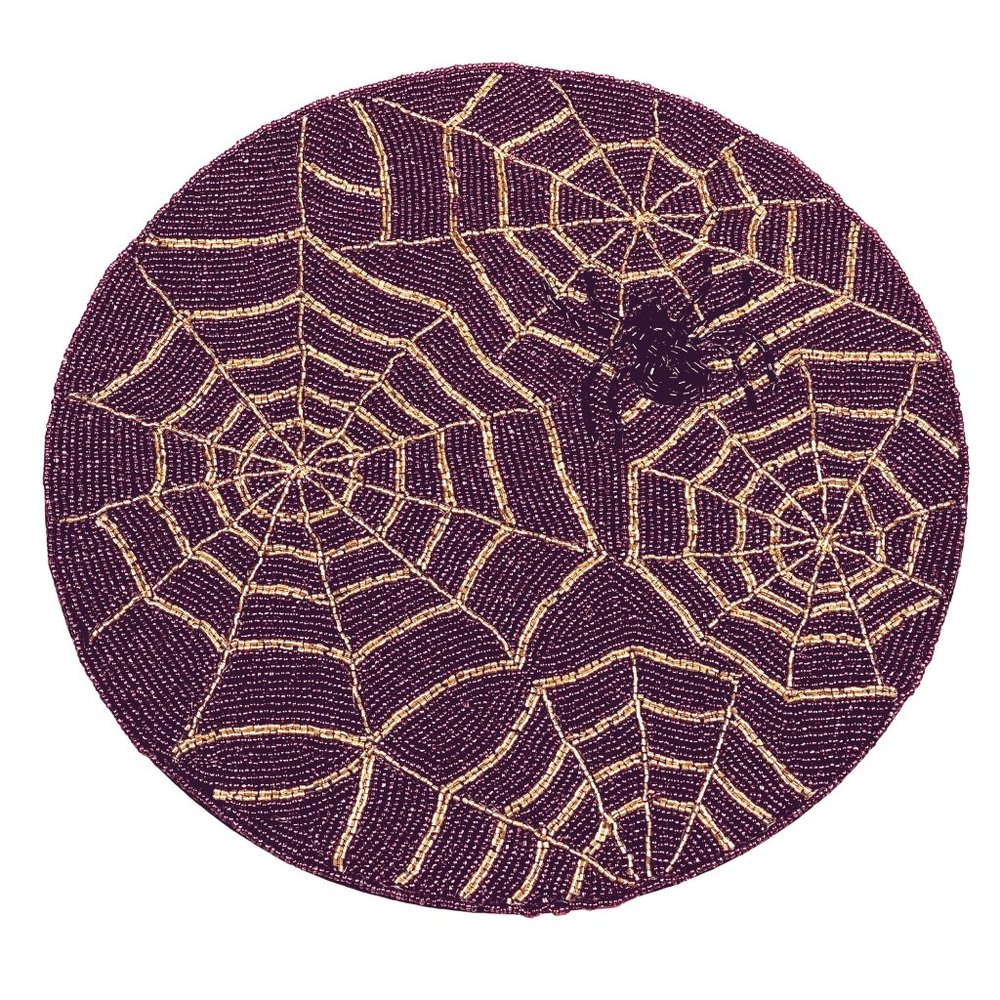 Tahari Halloween Purple & Gold Spider Webs and Spider 15in Beaded Placemat